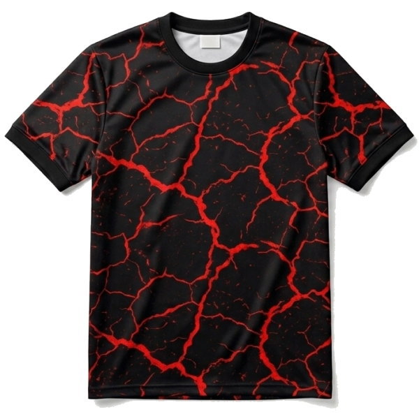 เสื้อกีฬาพิมพ์ลายซับลิเมชั่น ลายรอยแตกสีแดงบนพื้นดำ ดีไซน์ดุดัน