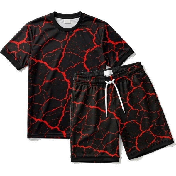 ชุดฟุตซอลสั่งทำ ลายสายฟ้าสีแดงดำ เสื้อและกางเกงเข้าชุด ผลิตโดย Sport Mighty