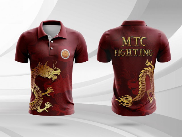 เสื้อกีฬาดีไซน์มังกรทองบนพื้นสีแดงเลือดหมู สกรีน MTC FIGHTING ลายไทยประยุกต์
