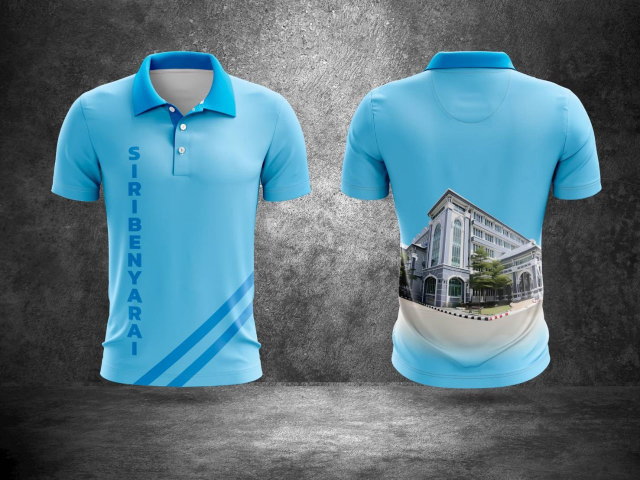 เสื้อโปโลสีฟ้าพิมพ์ลายอาคาร สกรีนชื่อ SIRIBENYARAI สำหรับงานกิจกรรมและงานโรงเรียน