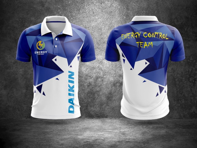 เสื้อกีฬา DAIKIN สีน้ำเงินขาว ลายเรขาคณิตสามเหลี่ยม สำหรับทีม Energy Control