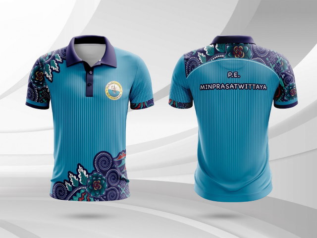 เสื้อโปโลสีฟ้าลายไทยประยุกต์ สกรีนชื่อโรงเรียน MINPRASATWITTAYA สำหรับครูและบุคลากร