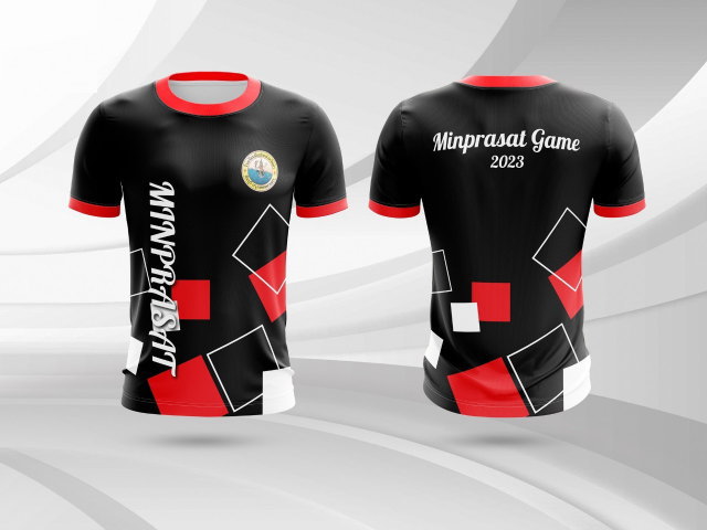 เสื้อยืดกีฬาสีดำแดง ลายสี่เหลี่ยมโมเดิร์น สกรีน Minprasat Game 2023