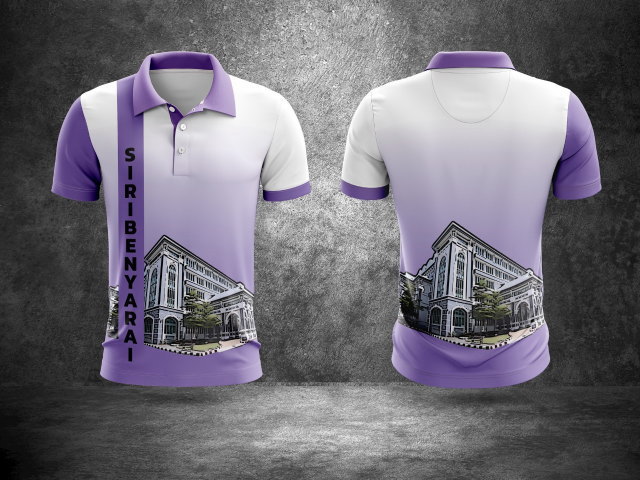 เสื้อโปโลสีม่วงอ่อน สกรีนลายอาคารเรียน SIRIBENYARAI และแถบสีม่วงแนวตั้ง