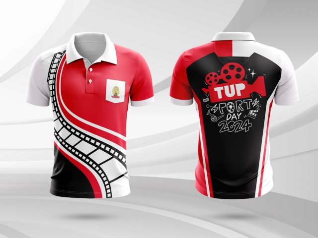 เสื้อกีฬาสีแดงดำ ลายฟิล์มภาพยนตร์ สกรีน TUP SPORT DAY 2024 สำหรับงานกิจกรรมโรงเรียน