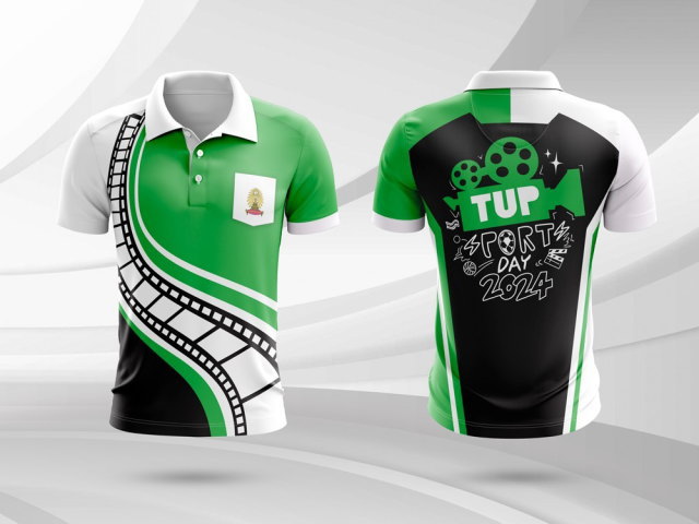 เสื้อกีฬาคอปกสีเขียว-ขาว-ดำ ลายแถบฟิล์มภาพยนตร์ งาน TUP Sport Day 2024
