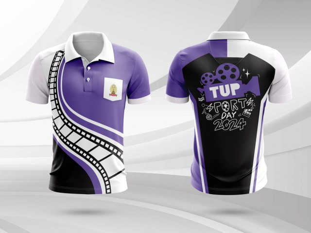 เสื้อกีฬาคอปกสีม่วง-ขาว-ดำ ลายแถบฟิล์มภาพยนตร์ สำหรับงานกีฬาสี TUP