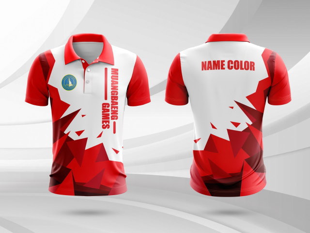 เสื้อโปโลสีแดง-ขาว ลายกราฟิกเรขาคณิต สำหรับทีมกีฬาหรือกีฬาสีโรงเรียน