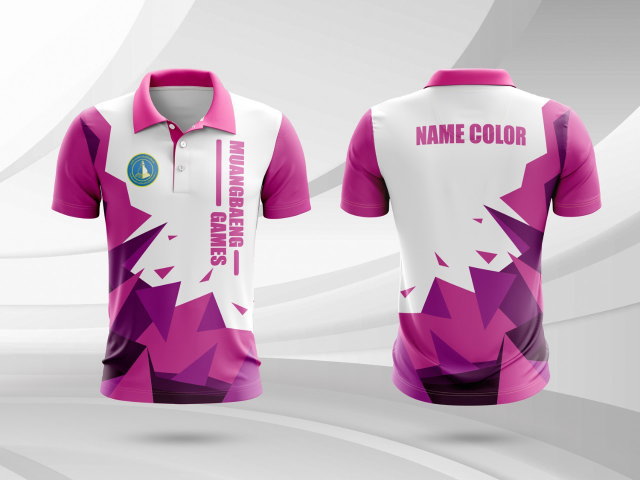 เสื้อโปโลสีชมพูเข้ม-ขาว ลายกราฟิกสามเหลี่ยมสุดเท่ สำหรับงานกีฬาและกิจกรรม