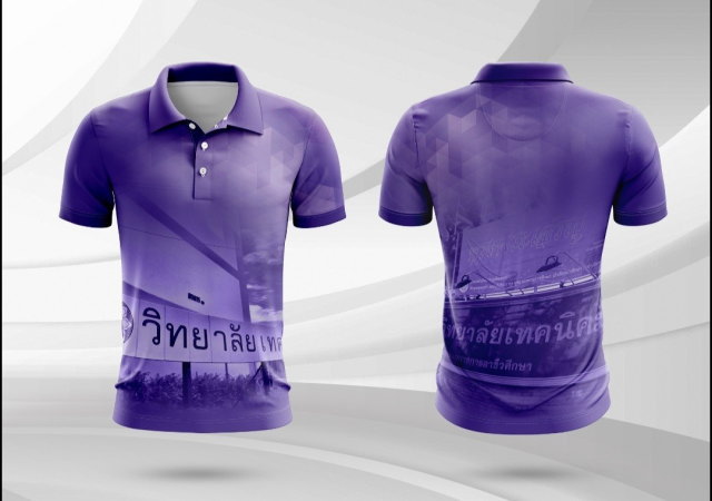 เสื้อโปโลสีม่วงเข้ม พิมพ์ลายกราฟิกภาพอาคารวิทยาลัยเทคนิค