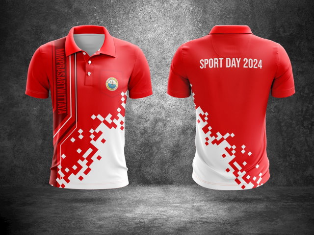 เสื้อโปโลสีแดงขาว ดีไซน์พิกเซล กีฬาสี 2024