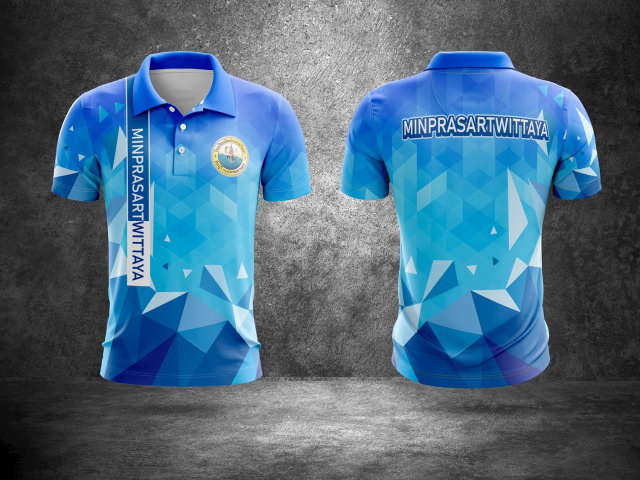 เสื้อกีฬาสีฟ้าลายโพลีกอนสามเหลี่ยม โรงเรียนมินประสาทวิทยา ดีไซน์ทันสมัย