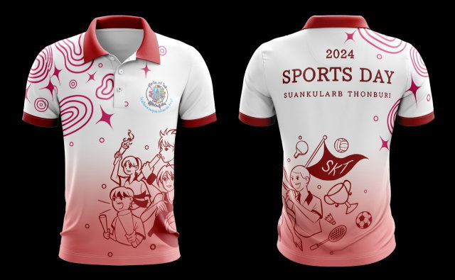 แบบเสื้อโปโลสีขาวแดง กีฬาสีโรงเรียนสวนกุหลาบ ธนบุรี 2024 ลายการ์ตูนอนิเมะน่ารัก