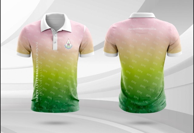 แบบเสื้อโปโลไล่เฉดสีชมพู-เขียว พิมพ์ลาย BPK ทั่วตัว สำหรับโรงเรียนบางปะกอกวิทยาคม