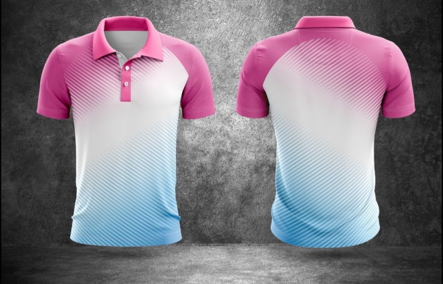 แบบเสื้อโปโลไล่สีชมพู-ฟ้า ลายเส้นสปีดแนวทแยง สไตล์สปอร์ตทันสมัย