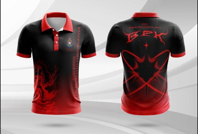 แบบเสื้อโปโลสีดำ-แดง ลายกราฟิกดุดัน สำหรับทีมกีฬาโรงเรียนบางปะกอกวิทยาคม