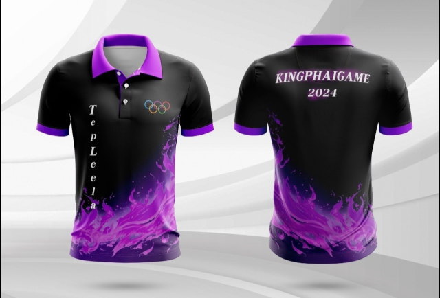 แบบเสื้อโปโลสีดำ-ม่วง ลายไฟกราฟิกสวยงาม สำหรับงานกีฬาสี KINGPHAIGAME 2024