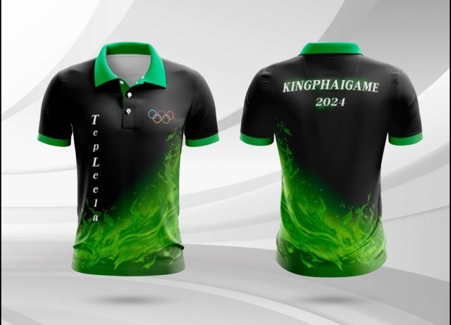 แบบเสื้อโปโลสีดำ-เขียว ลายไฟสไตล์โมเดิร์น สำหรับงานกีฬาสี KINGPHAIGAME 2024