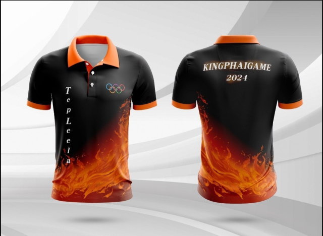 เสื้อโปโลกีฬาโทนสีดำส้ม พิมพ์ลายกราฟิกทันสมัยสำหรับทีมกีฬา