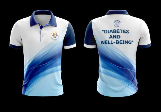 เสื้อโปโลสีขาวน้ำเงิน ลายคลื่นกราฟิก พิมพ์ข้อข้อความ Diabetes and Well-being