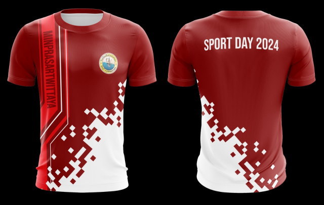 เสื้อกีฬาคอกลมสีแดงขาว ลายพิกเซลกราฟิก Sport Day 2024 โรงเรียนมินประสาทวิทยา
