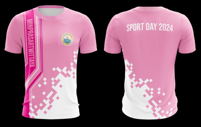 เสื้อกีฬาคอกลมสีชมพูขาว ลายพิกเซลกราฟิก Sport Day 2024 โรงเรียนมินประสาทวิทยา