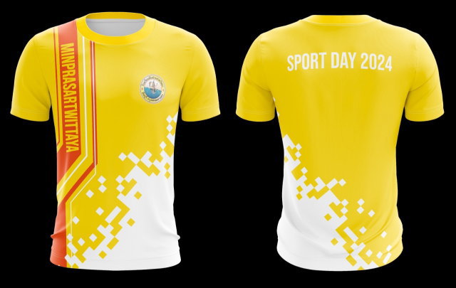 เสื้อกีฬาคอกลมสีเหลืองขาว ลายพิกเซลกราฟิก Sport Day 2024 โรงเรียนมินประสาทวิทยา