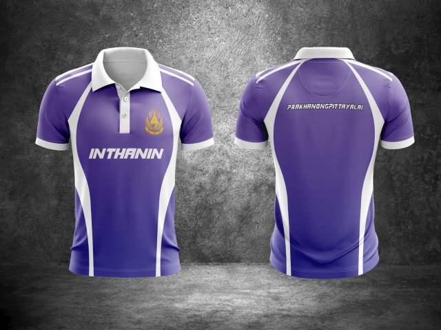 เสื้อโปโลสีม่วงขาว ดีไซน์สปอร์ต พิมพ์ชื่อทีม INTHANIN และ PRAKHANONGPITTAYALAI