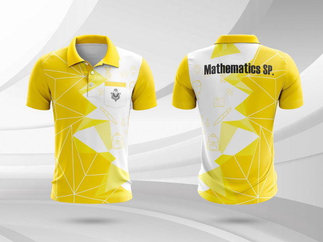 เสื้อโปโลสีเหลืองขาว ลายกราฟิกเรขาคณิต สำหรับทีมวิชาคณิตศาสตร์