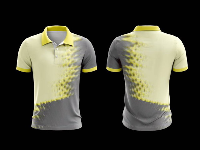 เสื้อโปโลกีฬาสีเหลืองเทา ดีไซน์ลายจุดกราฟิกแนวเฉียง