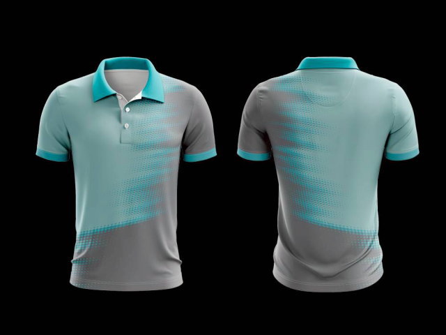 เสื้อโปโลกีฬาสีฟ้าเทา พิมพ์ลายกราฟิกทันสมัยสำหรับทีมกีฬา