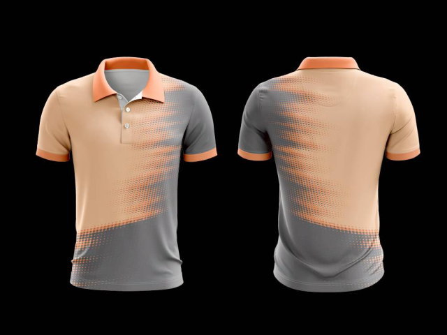 เสื้อโปโลกีฬาสีส้มเทา ลายกราฟิกสวยงามสำหรับงานกีฬาสี