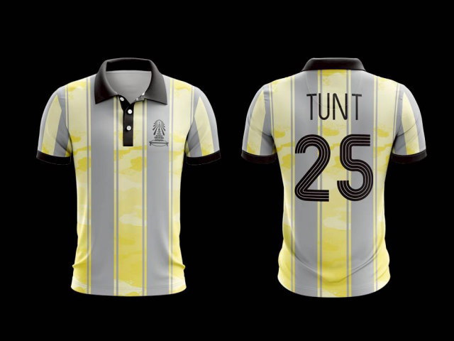 เสื้อโปโลกีฬาลายทางสีเหลืองเทา ดีไซน์เสื้อทีมสไตล์พรีเมียม