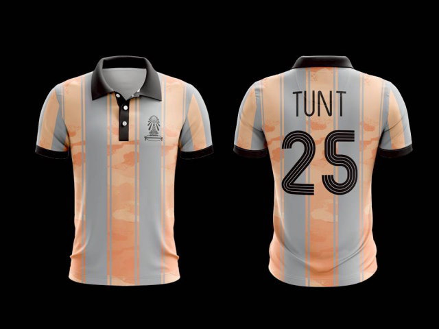 เสื้อโปโลกีฬาลายทางสีส้มเทา พิมพ์ลายคมชัดสำหรับกิจกรรมกลางแจ้ง