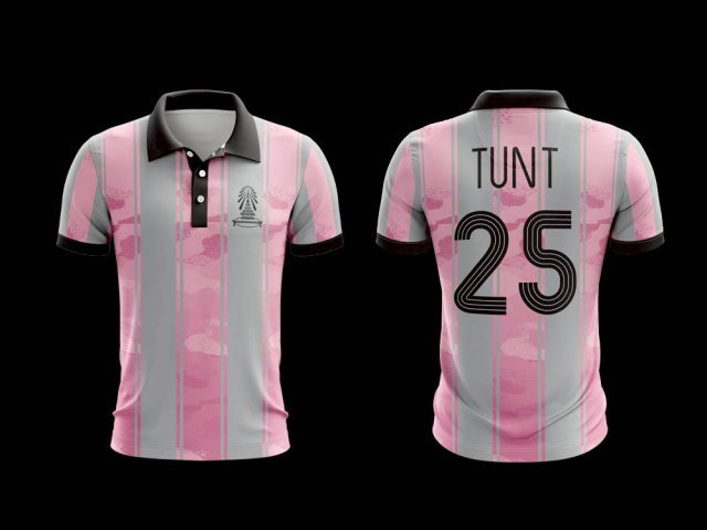 เสื้อโปโลลายทางสีชมพูเทา พิมพ์ลายพรางดิจิตอล สำหรับเสื้อทีมหรือเสื้อกีฬาสี