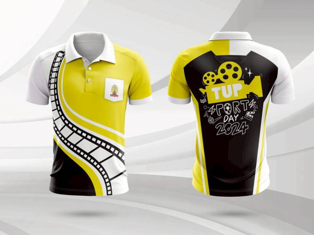 เสื้อกีฬาสีเหลืองขาว ลายฟิล์มภาพยนตร์ TUP Sport Day 2024 สำหรับทีมสีเหลือง