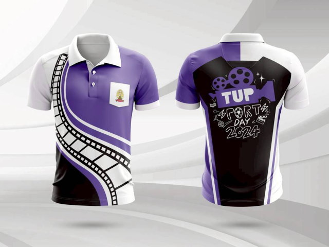 เสื้อกีฬาสีม่วงขาว ลายฟิล์มภาพยนตร์ TUP Sport Day 2024 ด้านหลังมีโลโก้กล้องวิดีโอ