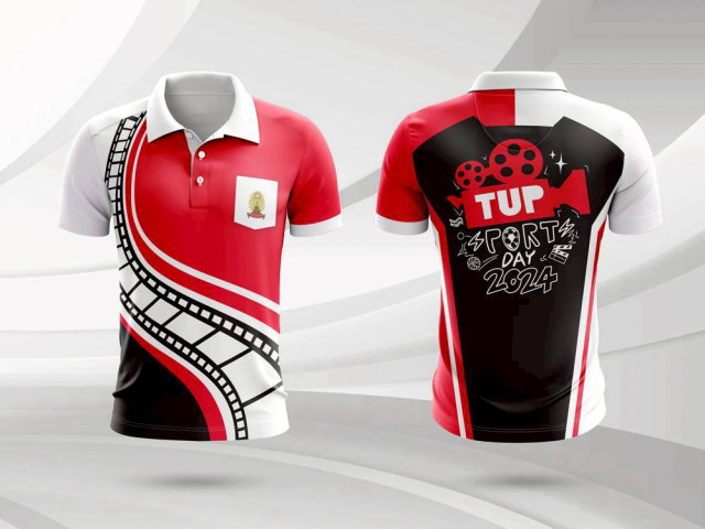เสื้อกีฬาสีแดงขาว ลายฟิล์มภาพยนตร์ TUP Sport Day 2024 ดีไซน์โดดเด่นสไตล์โมเดิร์น