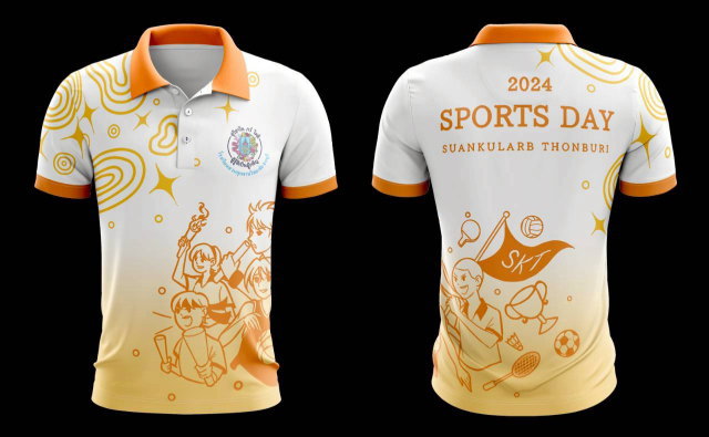 เสื้อโปโลสีขาวส้ม กีฬาสีโรงเรียนสวนกุหลาบธนบุรี 2024 ลายการ์ตูนและกราฟิกสีส้มสดใส