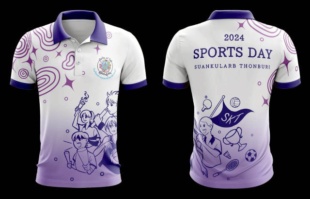 เสื้อโปโลสีขาวม่วง กีฬาสีโรงเรียนสวนกุหลาบธนบุรี 2024 ลายการ์ตูนและกราฟิกสีม่วง