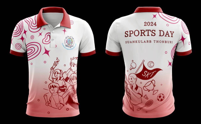 เสื้อกีฬาคอปกสีขาวแดง พิมพ์ลายการ์ตูนกองเชียร์และอุปกรณ์กีฬา งาน Sports Day 2024 สวนกุหลาบ ธนบุรี