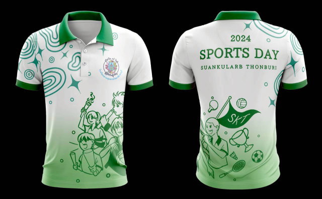 เสื้อกีฬาคอปกสีขาวเขียว พิมพ์ลายกราฟิกการ์ตูนนักกีฬาและดนตรี งาน Sports Day 2024 สวนกุหลาบ ธนบุรี
