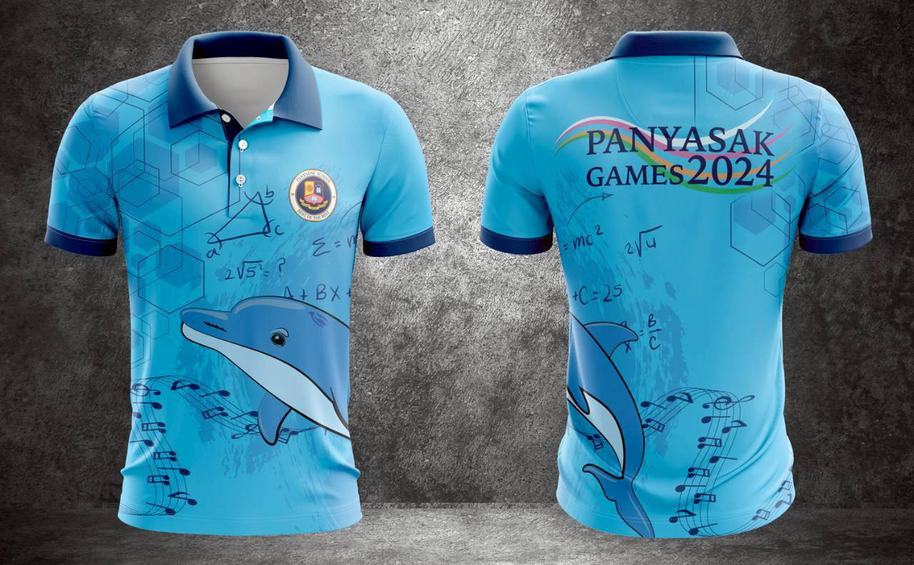 เสื้อพิมพ์ลายสีฟ้า ดีไซน์วิชาการลายสูตรคณิตศาสตร์และรูปโลมา งาน Panyasak Games 2024