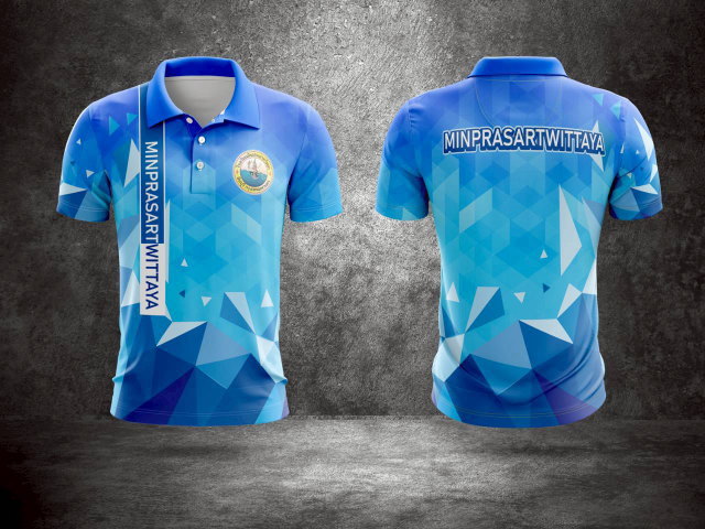 เสื้อโปโลพิมพ์ลายกราฟิกเรขาคณิตสีน้ำเงินเข้มและฟ้า โรงเรียนมีนประสาทวิทยา