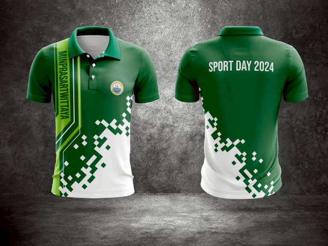 เสื้อกีฬาคอปกสีเขียวขาว ดีไซน์ลายพิกเซลด้านข้าง สำหรับงาน Sport Day 2024 โรงเรียนมีนประสาทวิทยา