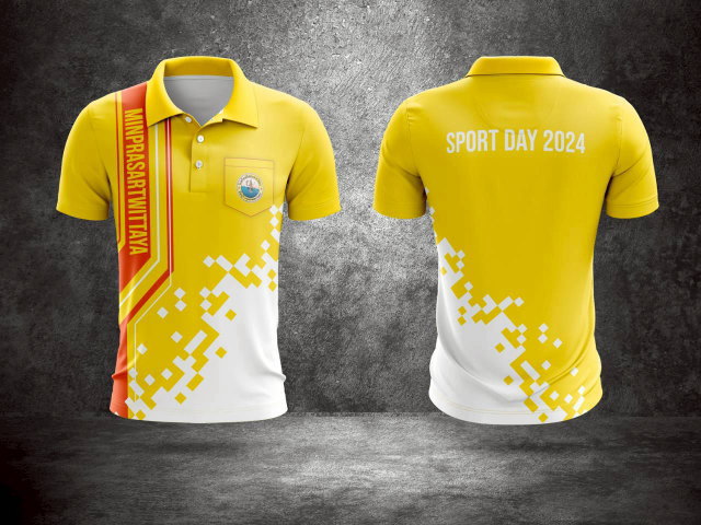 เสื้อกีฬาคอปกสีเหลืองขาว ตกแต่งลายพิกเซลสีส้มและเหลือง งาน Sport Day 2024 โรงเรียนมีนประสาทวิทยา