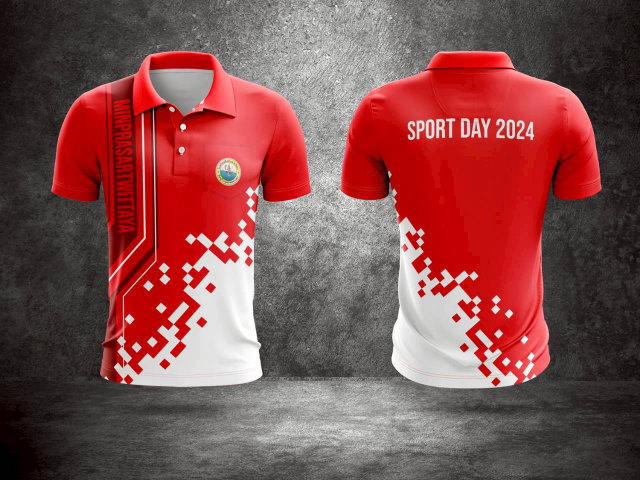 เสื้อกีฬาคอปกสีแดงขาว ดีไซน์ลายพิกเซลเท่ๆ สำหรับงานกีฬาสี โรงเรียนมีนประสาทวิทยา