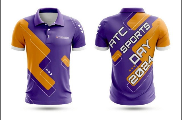 เสื้อโปโลพิมพ์ลาย ATC Sports Day 2024 ดีไซน์ทันสมัยสีม่วงตัดส้ม