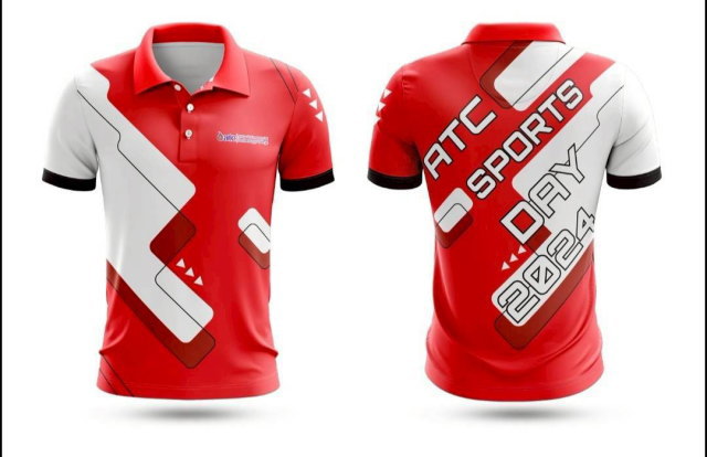 เสื้อโปโลกีฬาสี ATC Sports Day 2024 สีแดงขาว ลายเส้นกราฟิกโฉบเฉี่ยว