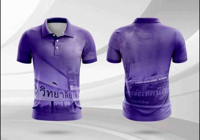 เสื้อโปโลสีม่วงไล่เฉด พิมพ์ลายภาพกราฟิกวิทยาลัยเทคนิคและรูปทรงเรขาคณิต